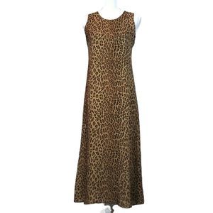 100% Silk Vintage Womens Leopard Animal Print Sleeveless Maxi Midi Dress